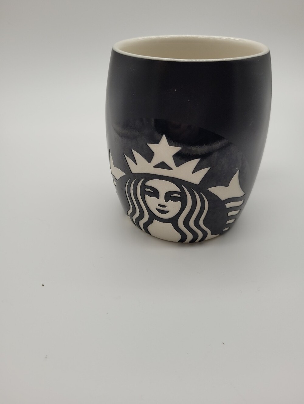 Vintage Starbucks Matte Black Siren Mug 2011 Barrel Ceramic Mermaid Coffee Cup